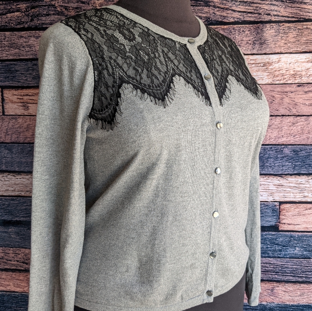 Gray Cardigan with Black Lace Overlay